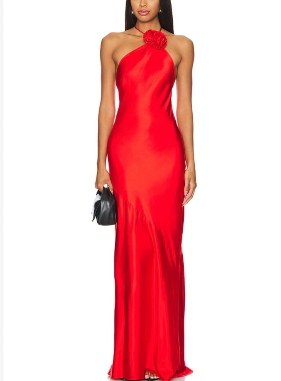 Lovers + Friends Red Satin Halter Gown with Rosette size small new with tags